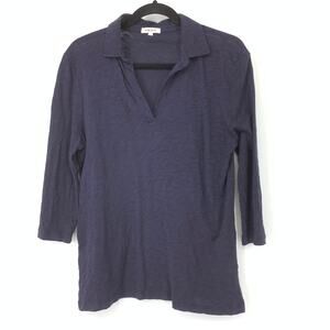 Goldie Shirt Women's Sz S Blue 3/4 Sleeve Slub Jersey Knit Polo Navy Blue